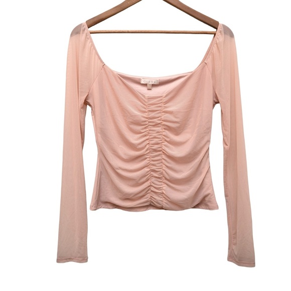 Y2K Guess Ruched Mesh Long Sleeve Top Blush Pink Square Neck - Picture 6 of 8